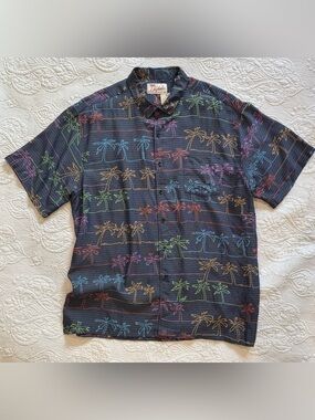 NWT Kahala Men’s Hawaiian Shirt XXL Black Neon Palm Aloha Button Down Shirt